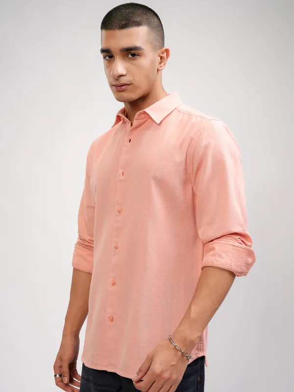 Highlander Men Peach Striped Slim Fit Casual Shirt