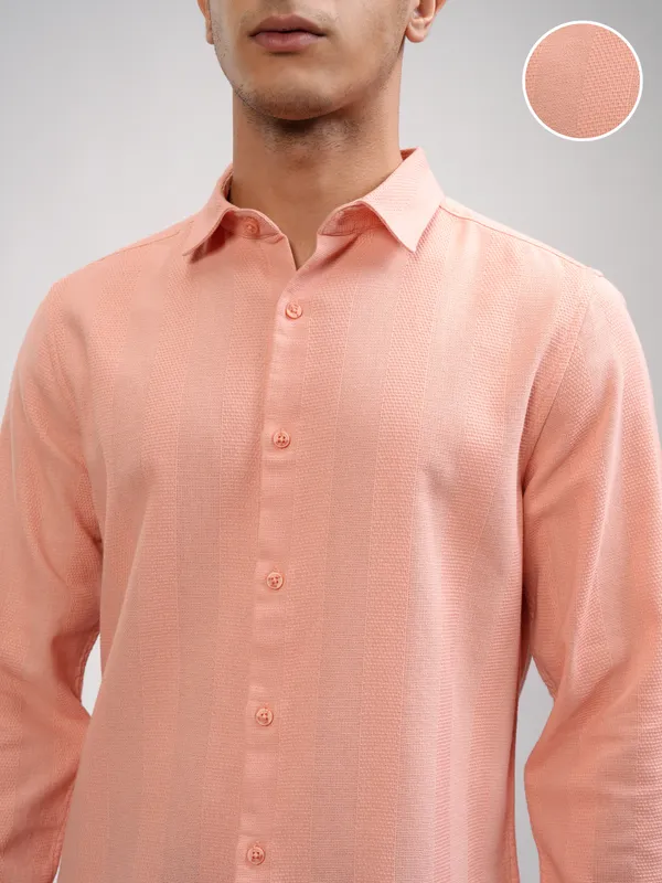 Highlander Men Peach Striped Slim Fit Casual Shirt