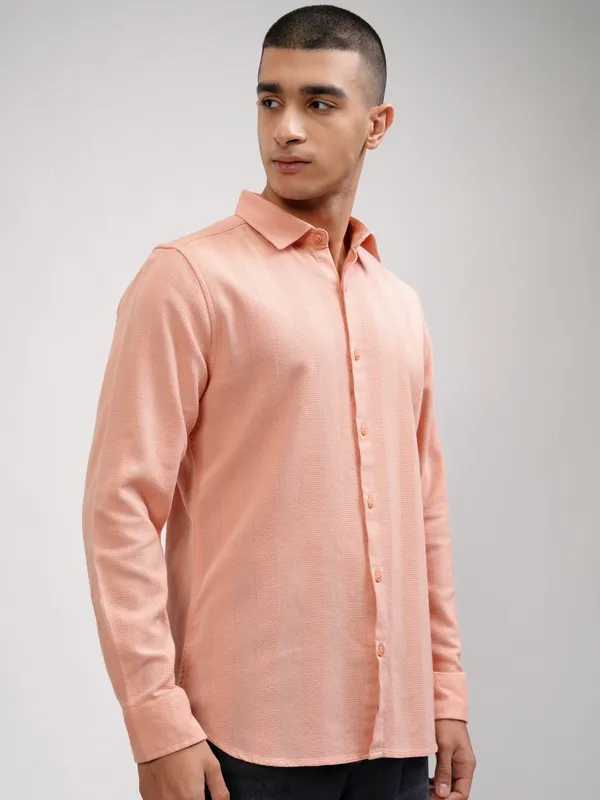 Highlander Men Peach Striped Slim Fit Casual Shirt