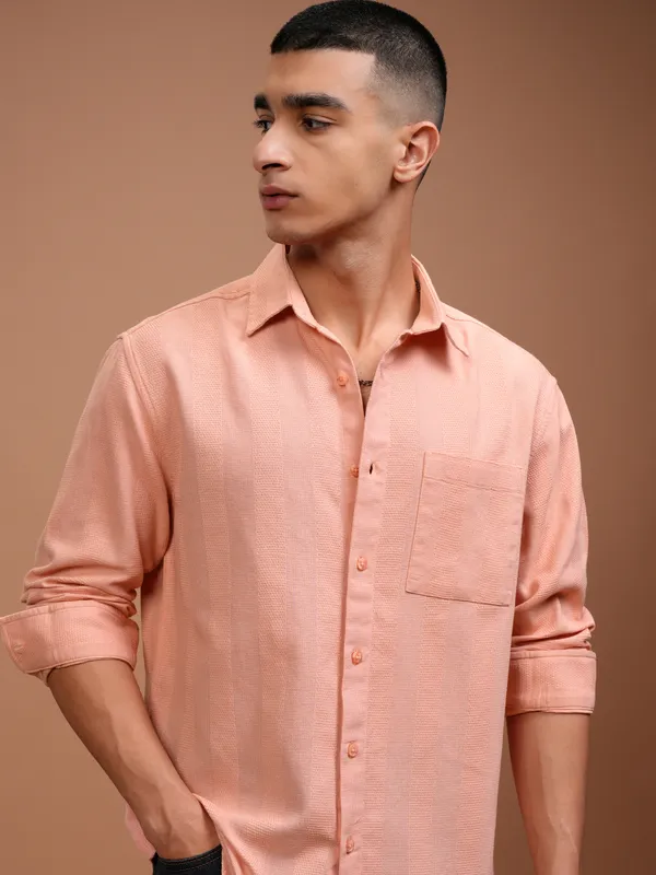 Highlander Men Peach Self Design Relaxed Fit Casual Shirt