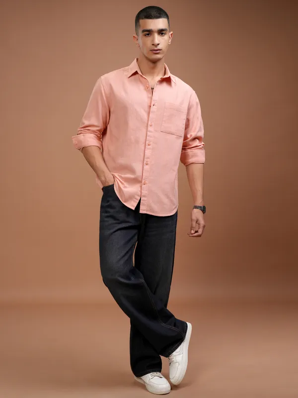 Highlander Men Peach Self Design Relaxed Fit Casual Shirt