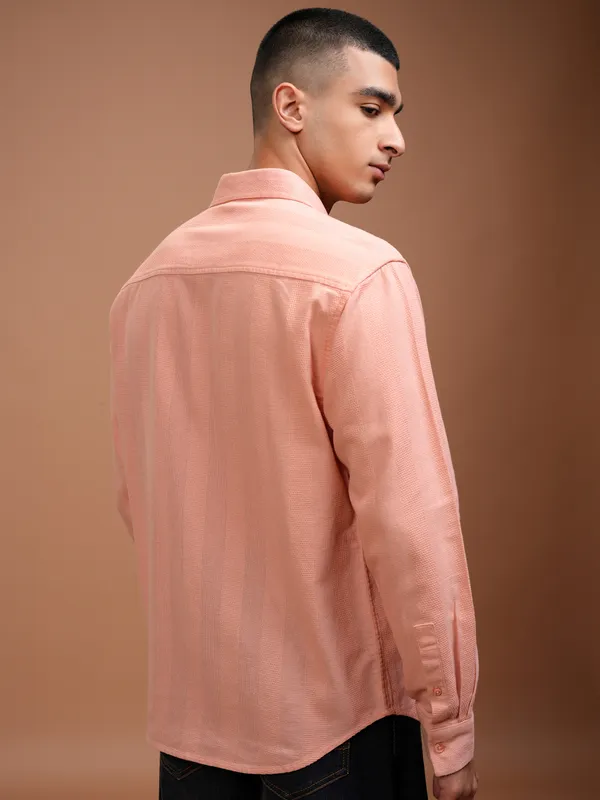 Highlander Men Peach Self Design Relaxed Fit Casual Shirt