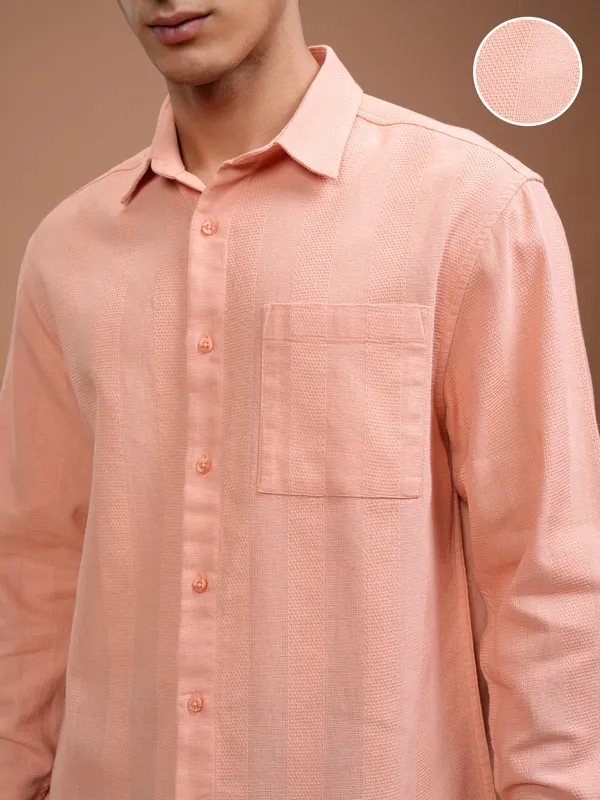 Highlander Men Peach Self Design Relaxed Fit Casual Shirt