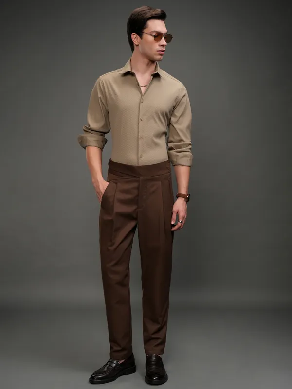 Highlander Men Beige Textured Slim Fit Casual Shirt