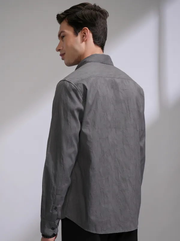 Highlander Men Grey Self Design Slim Fit Casual Shirt