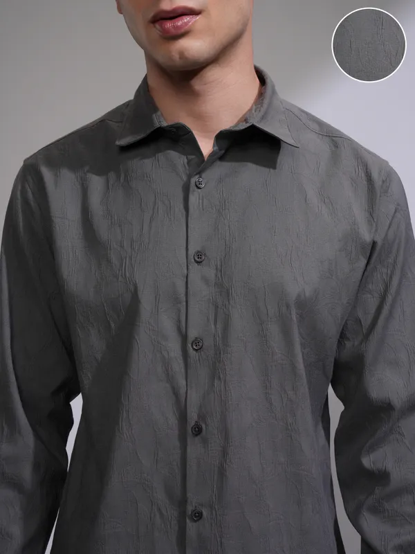 Highlander Men Grey Self Design Slim Fit Casual Shirt