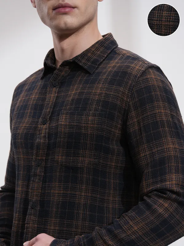 Highlander Men Black Checked Slim Fit Casual Shirt
