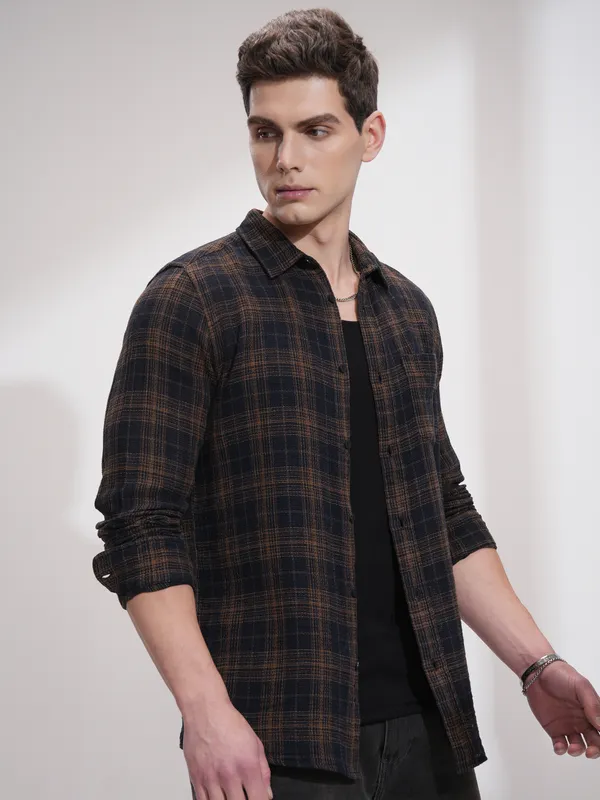 Highlander Men Black Checked Slim Fit Casual Shirt