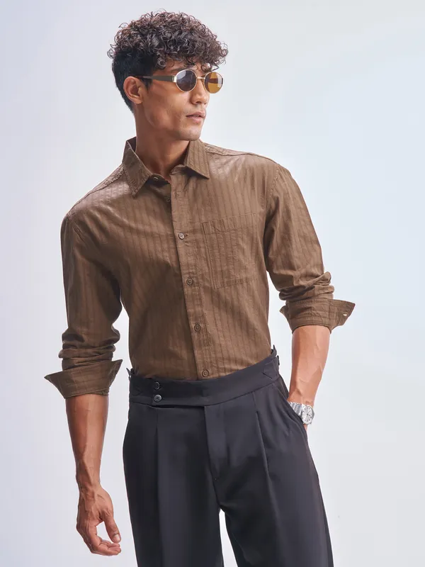 Highlander Men Brown Striped Relaxed Fit Casual Shirt
