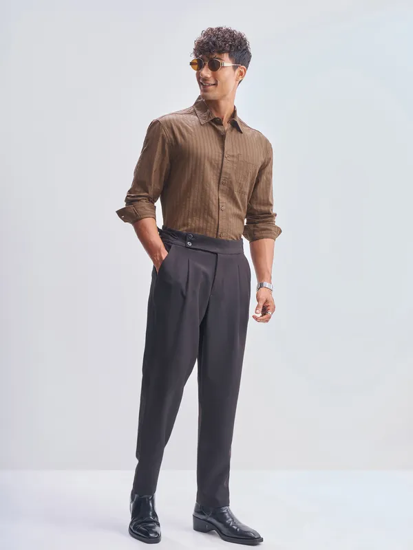 Highlander Men Brown Striped Relaxed Fit Casual Shirt