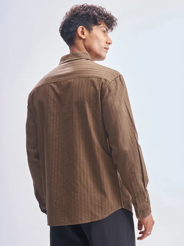 Highlander Men Brown Striped Relaxed Fit Casual Shirt