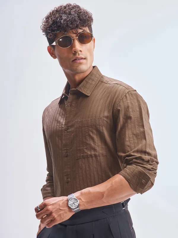 Highlander Men Brown Striped Relaxed Fit Casual Shirt