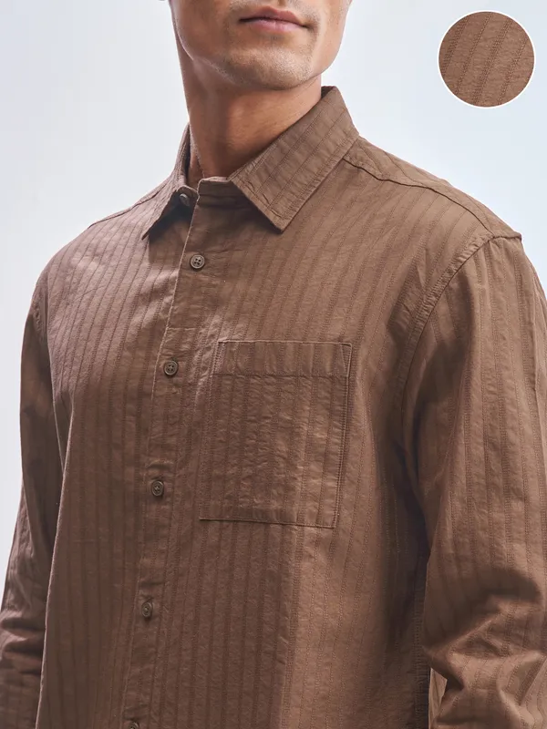 Highlander Men Brown Striped Relaxed Fit Casual Shirt