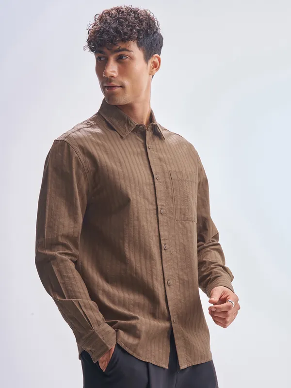 Highlander Men Brown Striped Relaxed Fit Casual Shirt