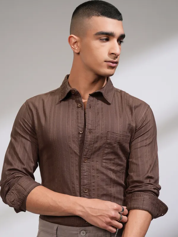 Highlander Men Brown Striped Slim Fit Casual Shirt