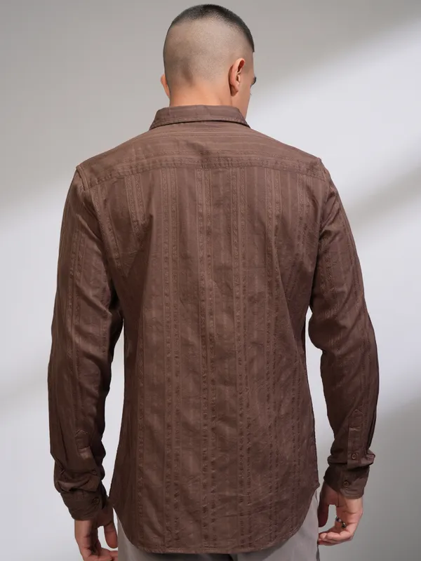 Highlander Men Brown Striped Slim Fit Casual Shirt