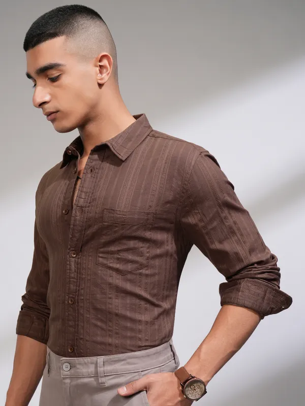 Highlander Men Brown Striped Slim Fit Casual Shirt