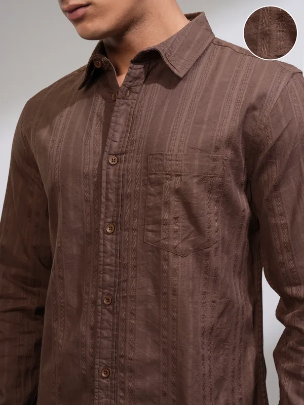 Highlander Men Brown Striped Slim Fit Casual Shirt