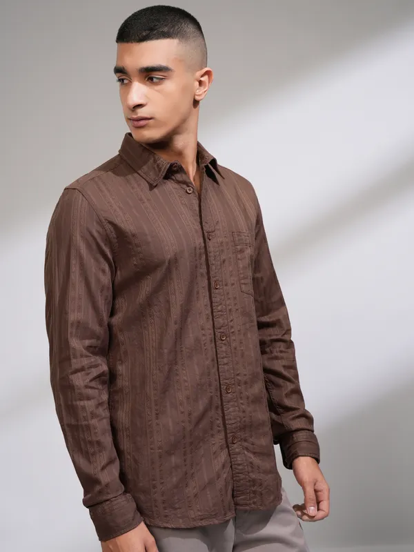 Highlander Men Brown Striped Slim Fit Casual Shirt