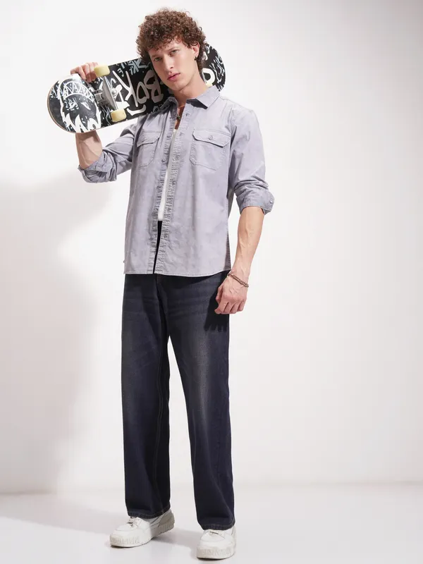 Highlander Men Blue Self Design Oversized Fit Casual Shirt