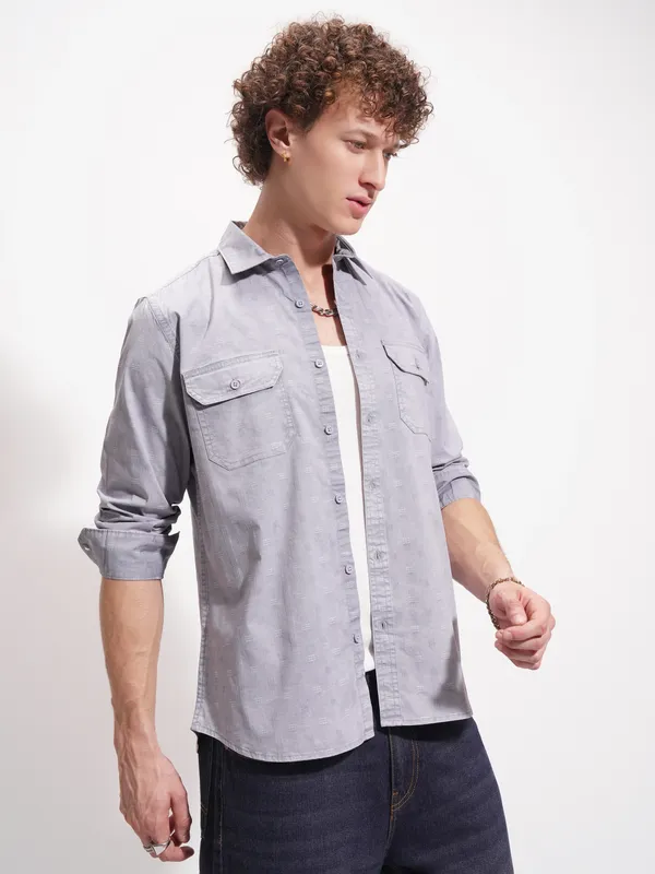 Highlander Men Blue Self Design Oversized Fit Casual Shirt