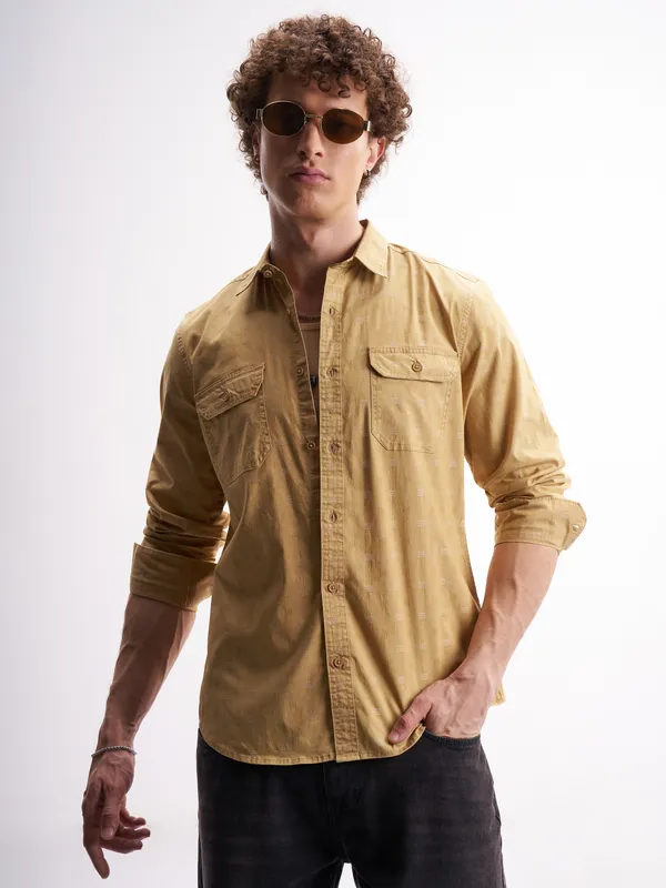 Highlander Men Mustard Self Design Relaxed Fit Casual Shirt