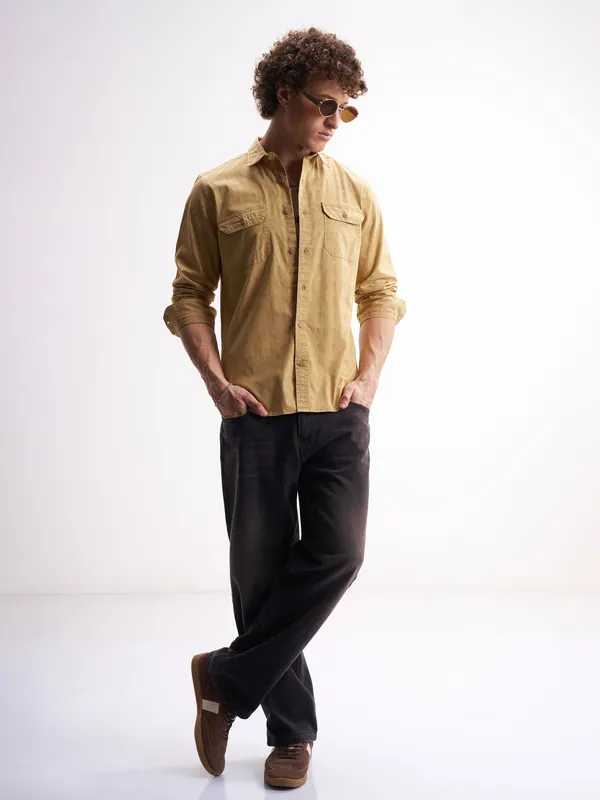 Highlander Men Mustard Self Design Relaxed Fit Casual Shirt