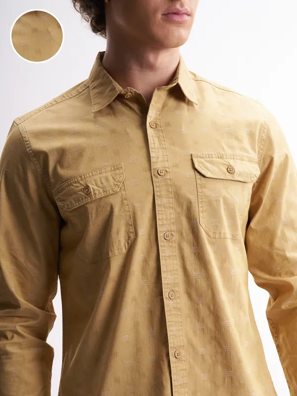 Highlander Men Mustard Self Design Relaxed Fit Casual Shirt