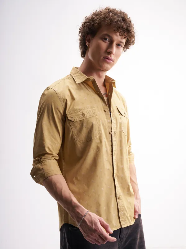 Highlander Men Mustard Self Design Relaxed Fit Casual Shirt