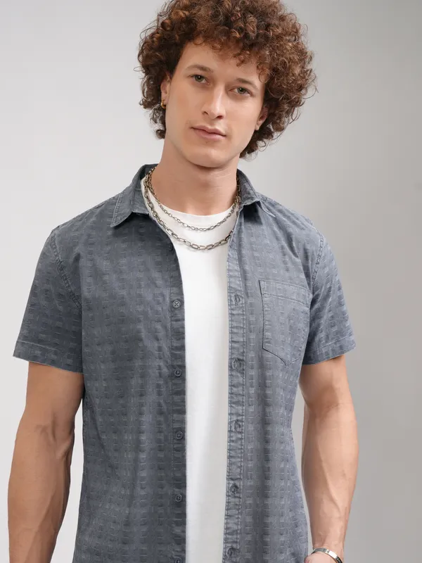 Highlander Men Navy Blue Textured Slim Fit Casual Shirt