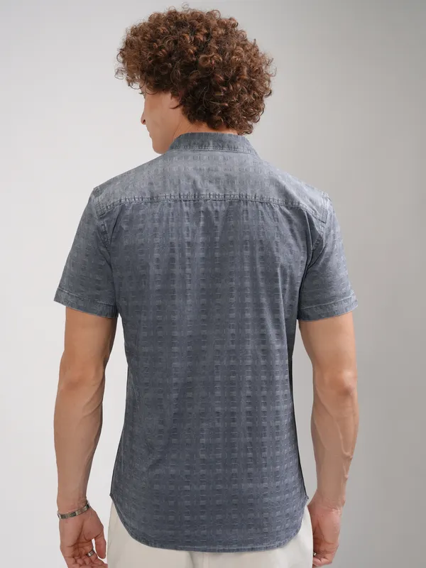 Highlander Men Navy Blue Textured Slim Fit Casual Shirt