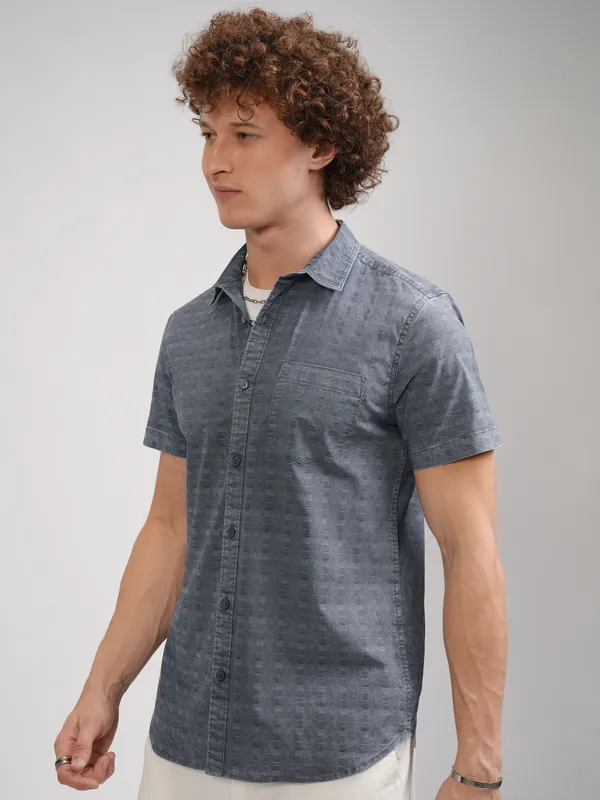 Highlander Men Navy Blue Textured Slim Fit Casual Shirt