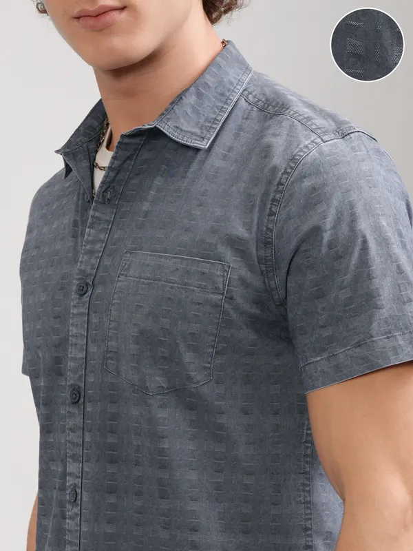 Highlander Men Navy Blue Textured Slim Fit Casual Shirt
