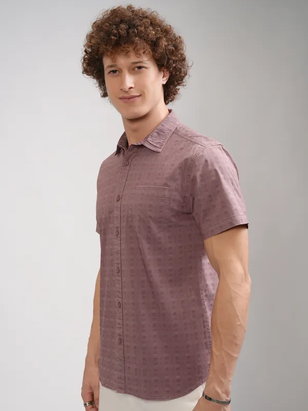 Highlander Men Maroon Textured Slim Fit Casual Shirt