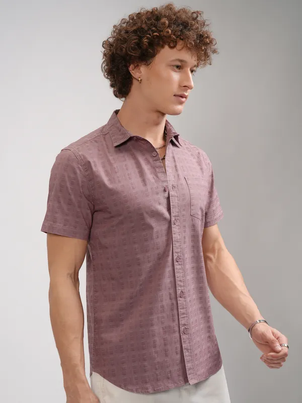 Highlander Men Maroon Textured Slim Fit Casual Shirt