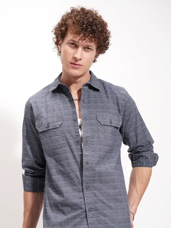 Highlander Men Navy Blue Self Design Slim Fit Casual Shirt