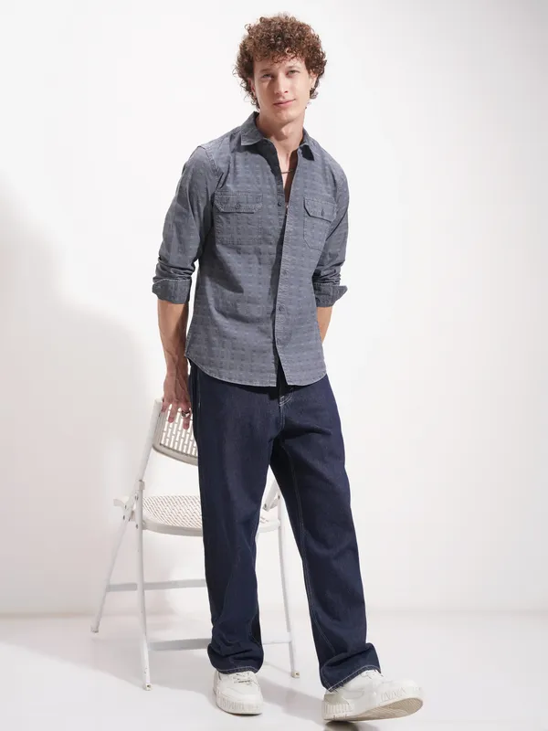 Highlander Men Navy Blue Self Design Slim Fit Casual Shirt