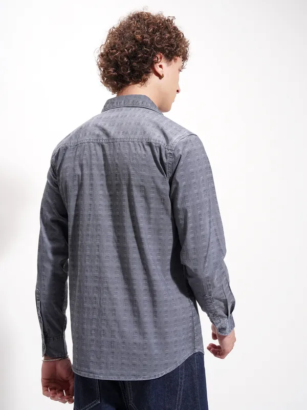 Highlander Men Navy Blue Self Design Slim Fit Casual Shirt