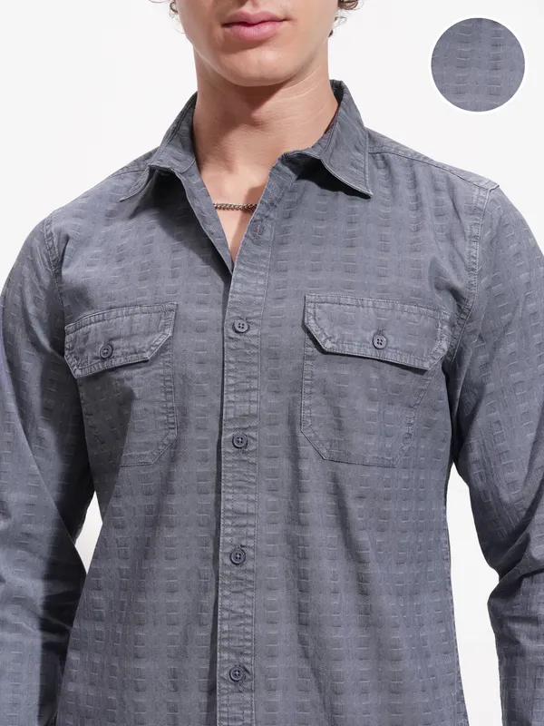 Highlander Men Navy Blue Self Design Slim Fit Casual Shirt