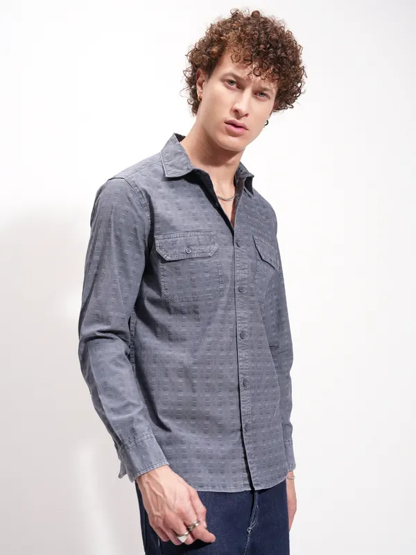 Highlander Men Navy Blue Self Design Slim Fit Casual Shirt