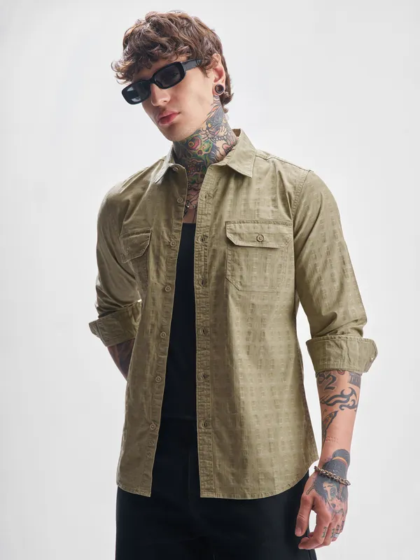 Highlander Men Khaki Self Design Slim Fit Casual Shirt