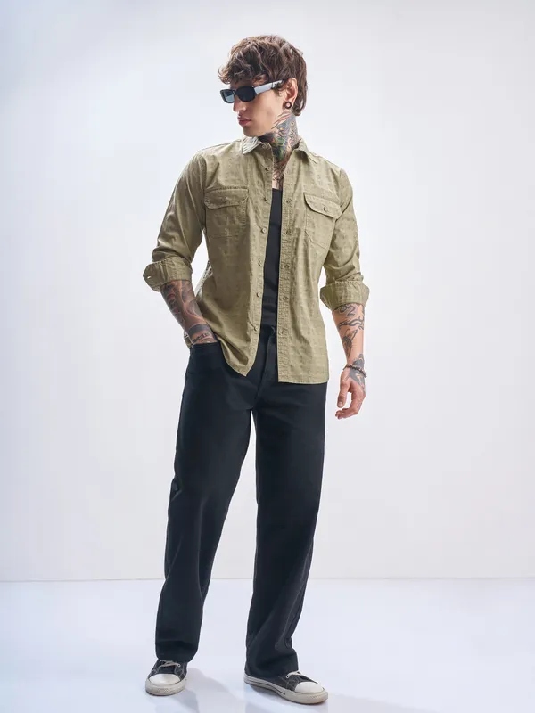 Highlander Men Khaki Self Design Slim Fit Casual Shirt