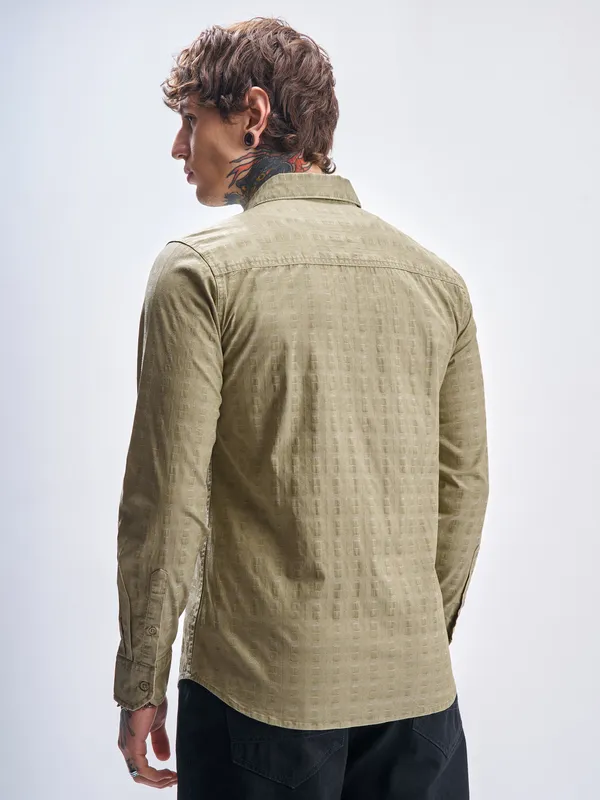 Highlander Men Khaki Self Design Slim Fit Casual Shirt