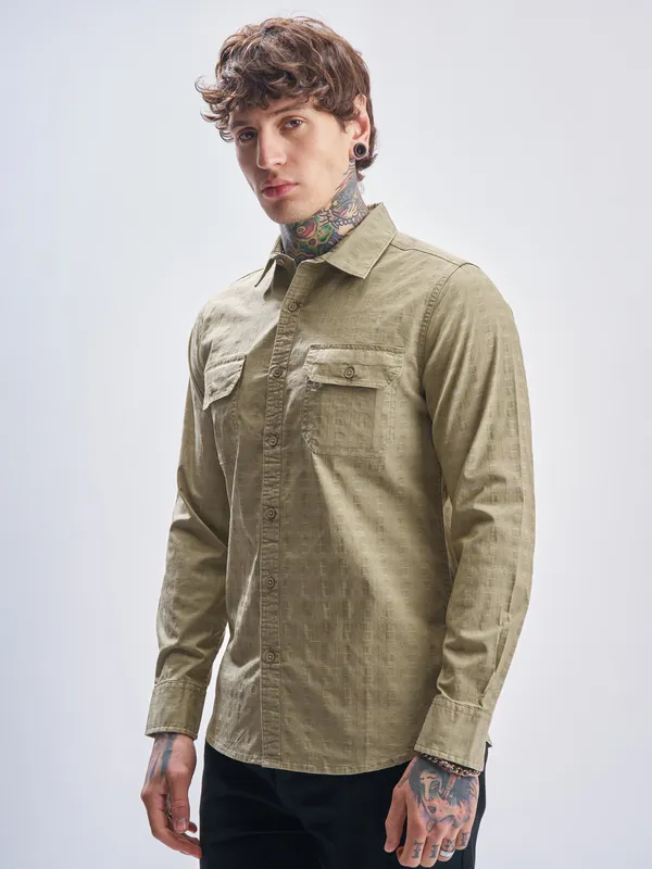 Highlander Men Khaki Self Design Slim Fit Casual Shirt
