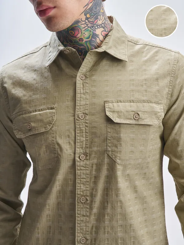 Highlander Men Khaki Self Design Slim Fit Casual Shirt