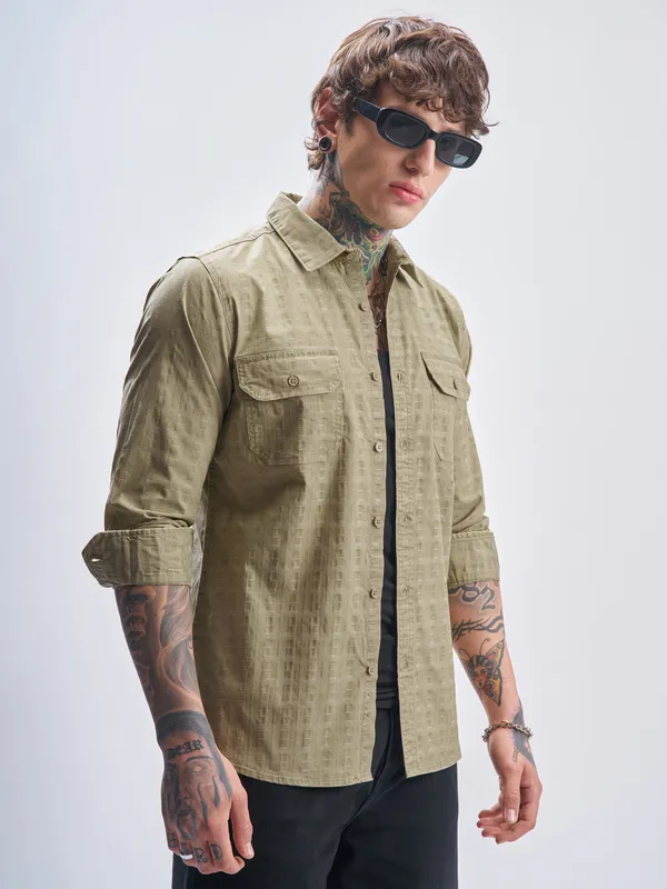 Highlander Men Khaki Self Design Slim Fit Casual Shirt