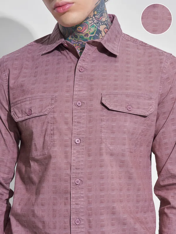 Highlander Men Mauve Self Design Slim Fit Casual Shirt