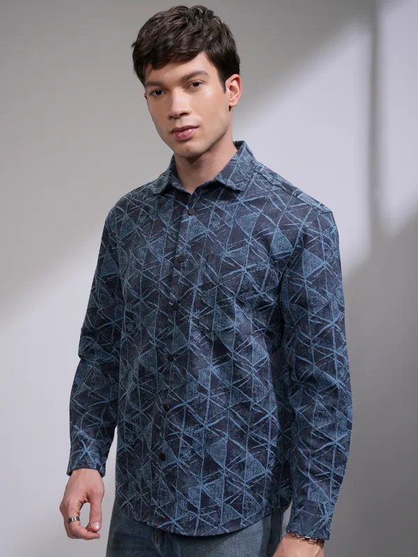 Highlander Men Blue Printed Relaxed Fit Casual Shirt