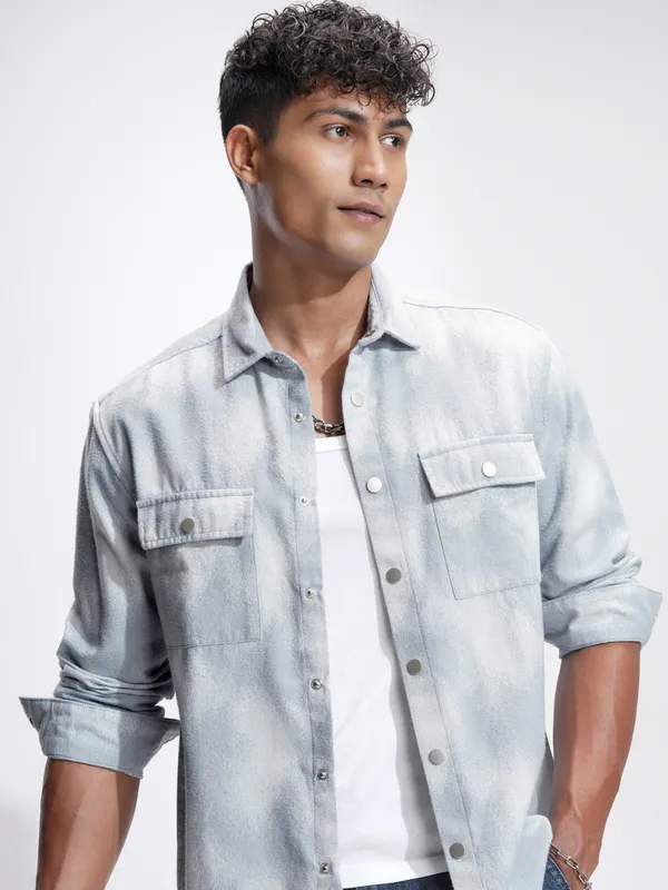 Highlander Men Blue Self Design Relaxed Fit Casual Shirt