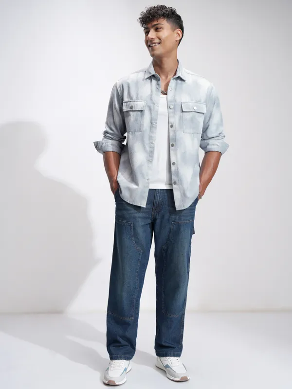 Highlander Men Blue Self Design Relaxed Fit Casual Shirt